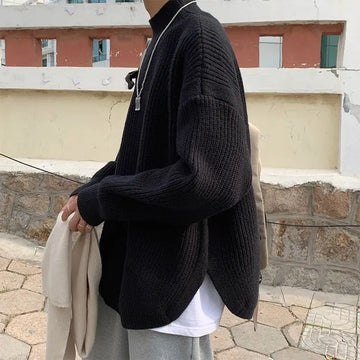 Man Clothes Plain Black Knitted Sweaters for Men Pullovers Designer Luxury Solid Color Collared Y2k Vintage Thick Winter Jumpers
